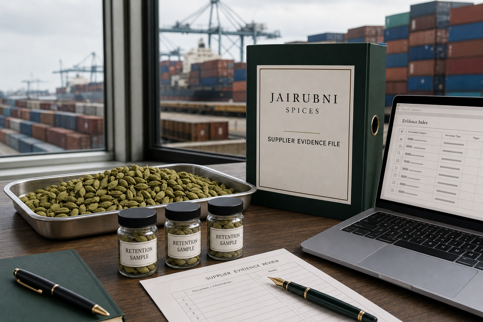 Indian cardamom samples beside a Jairubni Spices supplier-evidence binder and compliance document index