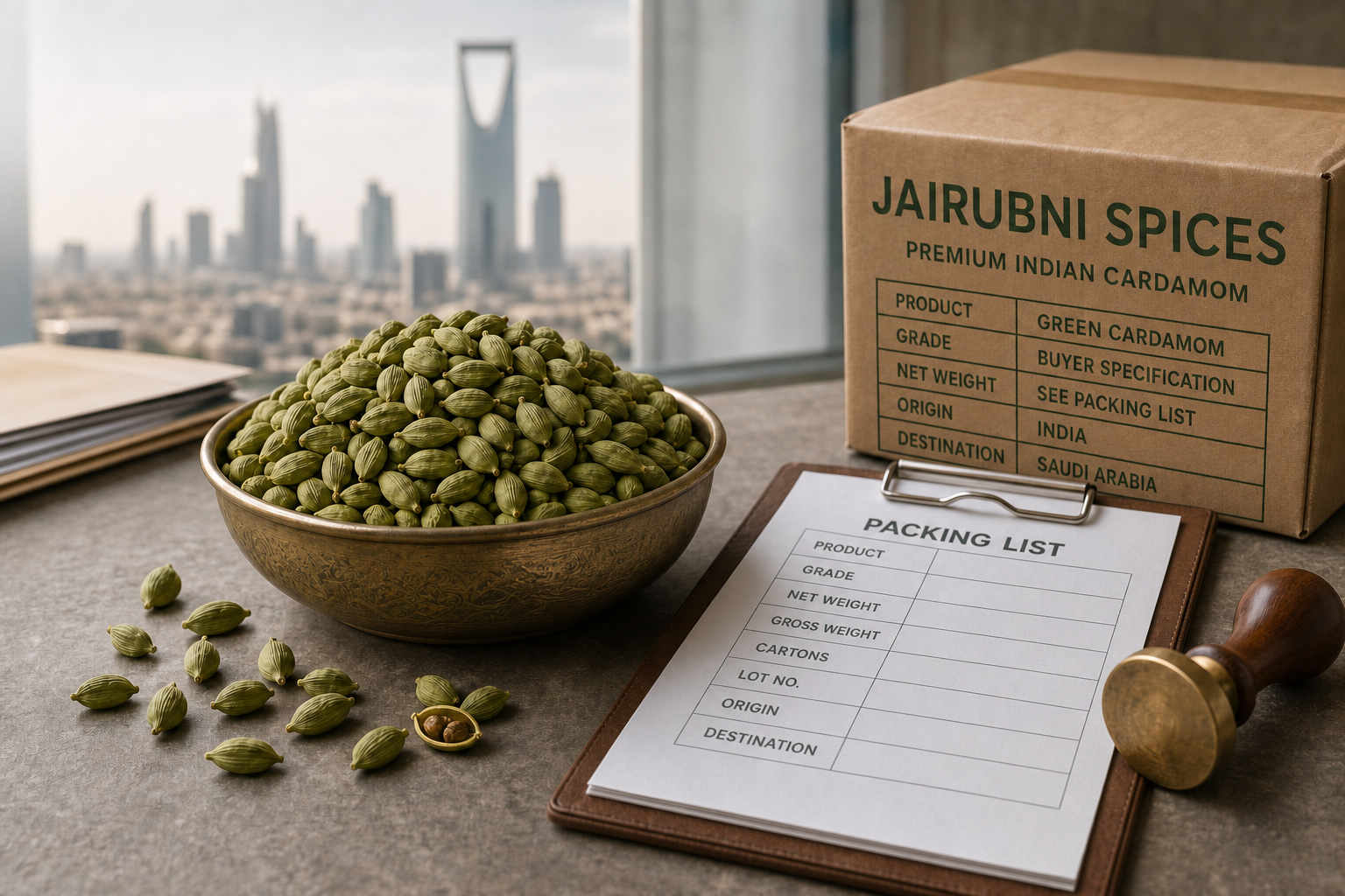 A bowl of green cardamom beside a Jairubni Spices export carton and packing list, with Riyadh in the distance